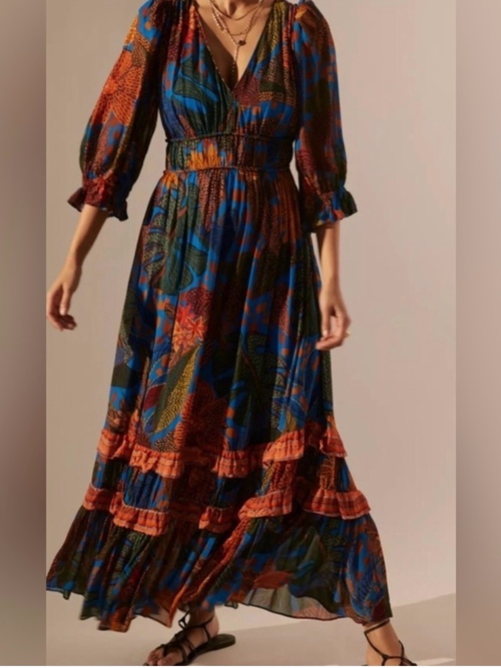 Farm Rio x Anthropologie Boho Floral Maxi Dress in Blue & Rust